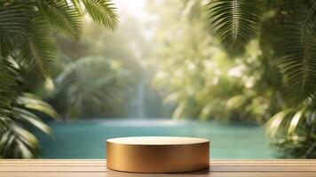 AI generated Golden podium on wooden table in front of swimming pool with rainforest. 3d render photo