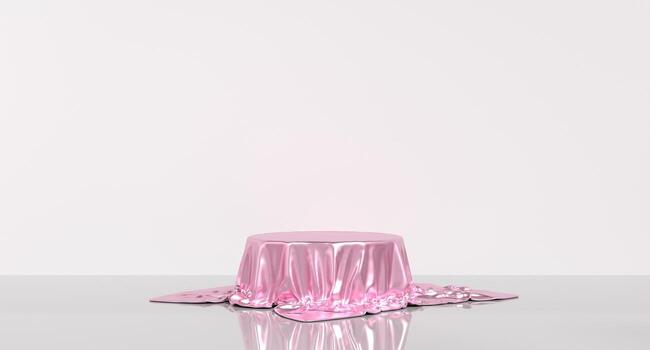 rosado podio pedestal en lujo satín. pedestal o sitio para un producto cubierto con seda. podio cubierto rosado seda tela. 3d representación foto