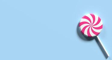 Spiral lollipop. Lollipop on stick. 3D rendering illustration of a round lollipop. Striped twisted candy photo