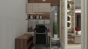 Minimalist Workspace Design with Simple Desk and Storage Compartment, 3D Illustration photo