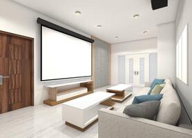 Studio Room Design with Wall Screen Projector and Comfortable Sofa, 3D Illustration photo