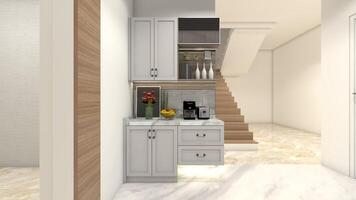 Minimalist Pantry Cabinet Design with Mirror Panel and Rack Display, 3D Illustration photo