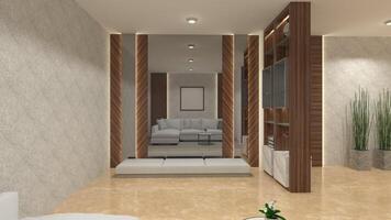 Modern Foyer Design with Minimalist Cushion Bench and Wall Background Decoration, 3D Illustration photo