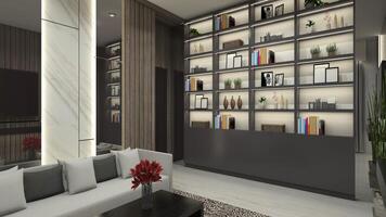 Modern Living Room with Shelving Rack Display and Wall Panel Decoration, 3D Illustration photo