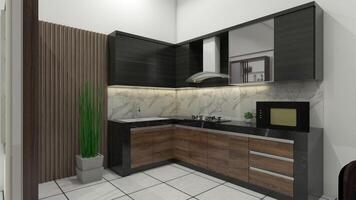 Kitchen Cabinet Design with Industrial Style Using Wooden and Marble Furnishing, 3D Illustration photo