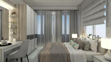 Luxury Master Bedroom Design with King Size Cushion Bed, Wardrobe Cabinet and Dressing Table, 3D Illustration photo