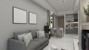 Minimalist Living Room Design with Comfortable Sofa, 3D Illustration photo