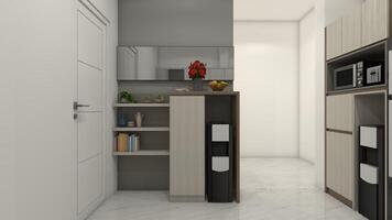 Minimalist Water Dispenser Cabinet with Shelving Rack and Mirror Panel, 3D Illustration photo