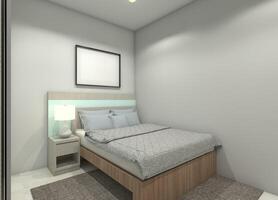 Minimalist Bedroom with Simple Wooden Bed Frame and Headboard Panel, 3D Illustration photo