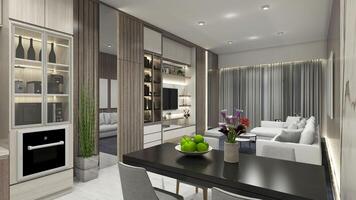 Interior Living Room with Dining Table Design, 3D Illustration photo
