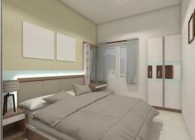 Modern Bedroom with Minimalist Headboard and Clothes Wardrobe, 3D Illustration photo