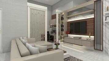 Living Room Idea with Modern TV Cabinet and Comfortable Sofa, 3D Illustration photo