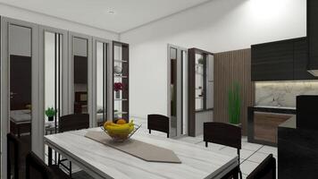 Industrial Dining Room Design with Kitchen Area and Divider Partition, 3D Illustration photo