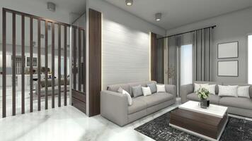 moderno vivo habitación diseño con de madera pared dividir y panel fondo, 3d ilustración foto