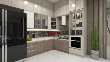 Luxury Wooden Kitchen Cabinet Design with Showcase Display, 3D Illustration photo