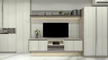 moderno televisión gabinete diseño con minimalista mesa y estantería estante, 3d ilustración foto