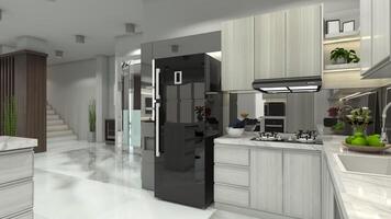 Modern Kitchen Counter Cabinet with Stove and Refrigerator, 3D Illustration photo