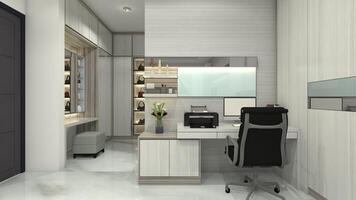 Modern Workspace and Walk in Closet Design for Interior Master Bedroom, 3D Illustration photo