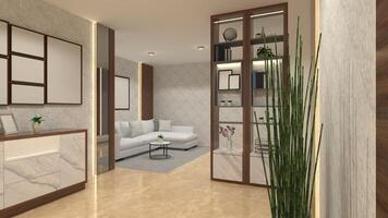 Rustic Corridor Idea with Wooden Drawer Cabinet and Divider Partition, 3D Illustration photo