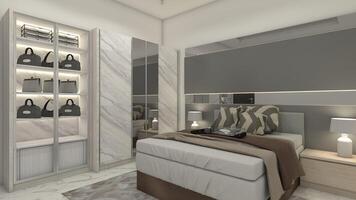 Modern Master Bedroom Design with Headboard Panel and Clothes Wardrobe, 3D Illustration photo