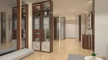 Interior Corridor Design with Cushion Bench and Divider Partition, 3D Illustration photo