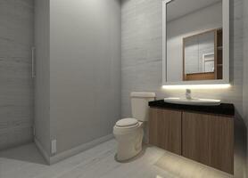 minimalista baño diseño con de madera lavabo gabinete y lado armario, 3d ilustración foto