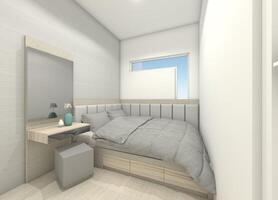 Minimalist Bedroom Design with Cushion Headboard and Dressing Table, 3D Illustration photo