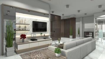 lujo vivo habitación diseño con de madera televisión gabinete y cómodo sofá, 3d ilustración foto