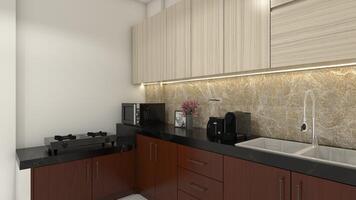 Wooden Kitchen Cabinet Design with Black Granite Countertop and Marble Backsplash, 3D Illustration photo