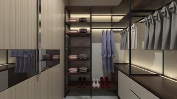 abierto ropa guardarropa diseño con monitor estante y colgando espacio para ropa, 3d ilustración foto