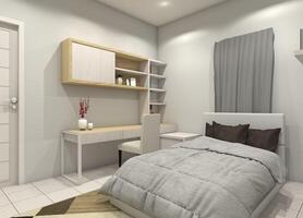 Modern and Comfortable Bedroom Design with Table Desk, 3D Illustration photo