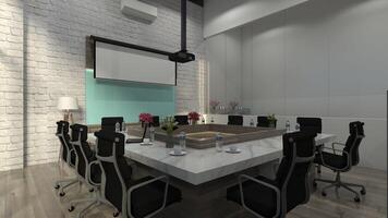 moderno reunión habitación diseño con mármol isla mesa en el medio, 3d ilustración foto