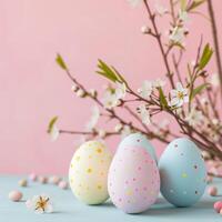 AI generated Happy Easter. Congratulatory easter background. Easter eggs and flowers on pink. photo