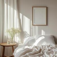 AI generated Frames mockup with picture space in the bedroom. Templates for decorating a room. Minimalist interior in rustic or boho style, photo