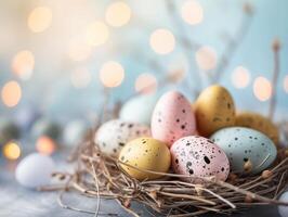 AI generated Happy Easter. Congratulatory easter background. Easter eggs and flowers on blue. photo