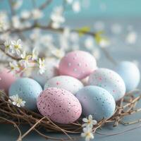 AI generated Happy Easter. Congratulatory easter background. Easter eggs and flowers on blue. photo