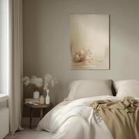 AI generated Frames mockup with picture space in the bedroom. Templates for decorating a room. Minimalist interior in rustic or boho style, photo