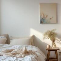 AI generated Frames mockup with picture space in the bedroom. Templates for decorating a room. Minimalist interior in rustic or boho style, photo