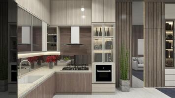 Modern Kitchen with Display Cabinet, 3D Illustration photo