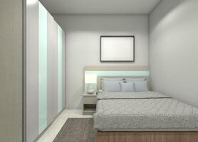 Modern Bedroom Design with Minimalist Headboard Panel and Wardrobe Cabinet, 3D Illustration photo