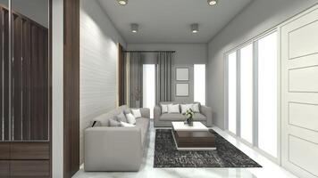 Modern Living Room Design with Comfortable Sofa, Coffee Table and Windows View, 3D Illustration photo