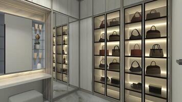 Modern Walk in Closet Design with Dressing Table and Bag Collection Cabinet, 3D Illustration photo