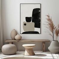 AI generated Frames mockup with picture space in the bedroom. Templates for decorating a room. Minimalist interior in rustic or boho style, Japanese style photo