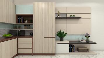 Modern Pantry Design with Side Wall Display Cabinet and Decoration, 3D Illustration photo