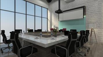 Luxury Conference Room with Modern Marble Desk and Wall Screen Presentation, 3D Illustration photo