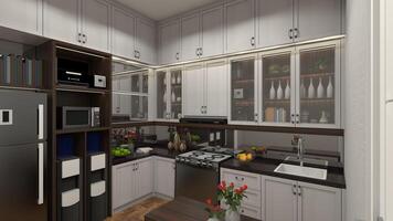 Modern Kitchen Compartment Idea with Full Storage Cabinet and Showing Display Rack, 3D Illustration photo