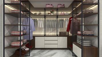 Modern Walk in Closet Design with Wooden Rack Display and Lighting Decoration, 3D Illustration photo