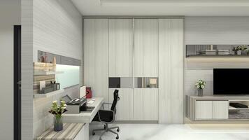 Minimalist Work Desk Design with Drawer Cabinet, Display Rack and Storage Wardrobe, 3D Illustration photo