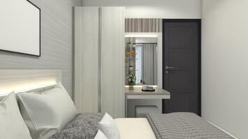 Minimalist Clothes Wardrobe Cabinet and Dressing Table Design for Interior Bedroom, 3D Illustration photo