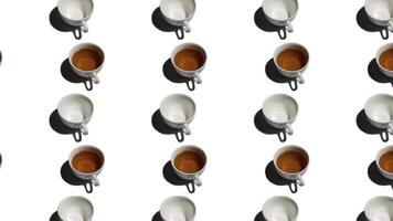 Pattern with many tea cups and empty cups animated on white background. Tea mugs with hot drink move in different directions. 4K video